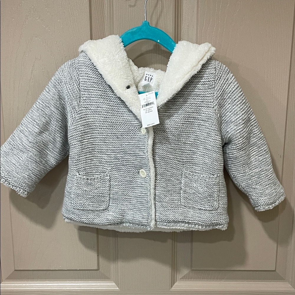 GAP Baby hooded knit jacket cardigan with a white sherpa lining SZ 6-12 mos. R2